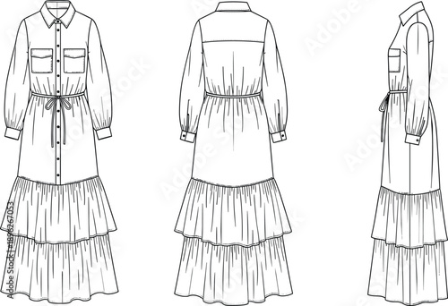 Long sleeve button front tiered maxi dress technical fashion sketch, front back and side view outline illustration for women apparel design