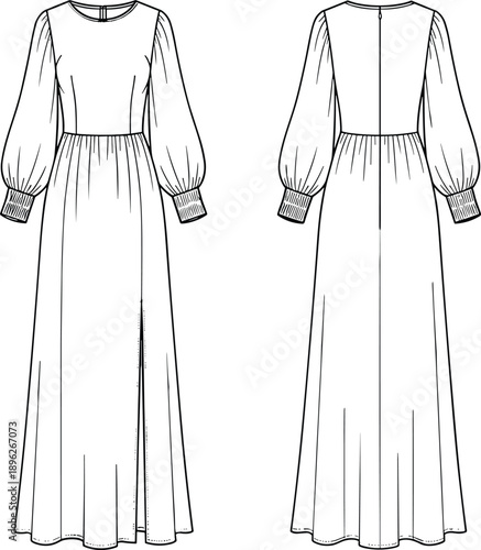 Minimalist long sleeve maxi dress technical fashion sketch, front and back view outline illustration for elegant modern women apparel design