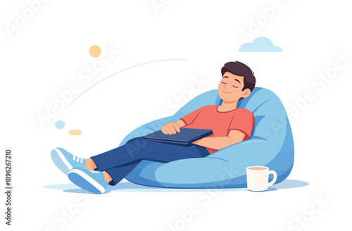 Man relaxing on bean bag with laptop and coffee, flat vector illustration