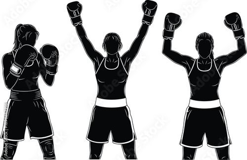 Female boxing athletes silhouette illustration showing victory pose and fighting stance sports fitness empowerment black vector design artwork training competition strength