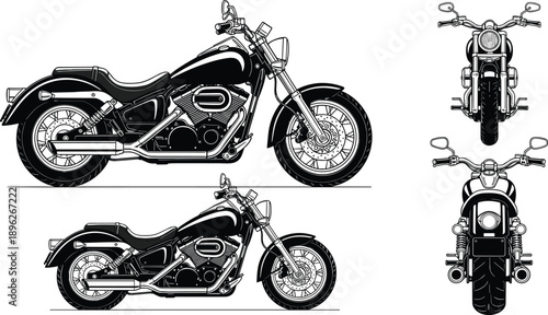 Detailed cruiser motorcycle illustration showing side front and rear views in black and white vector line art technical style design blueprint