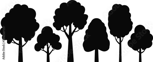 Collection of diverse black tree silhouettes with rounded leafy canopies on a white background