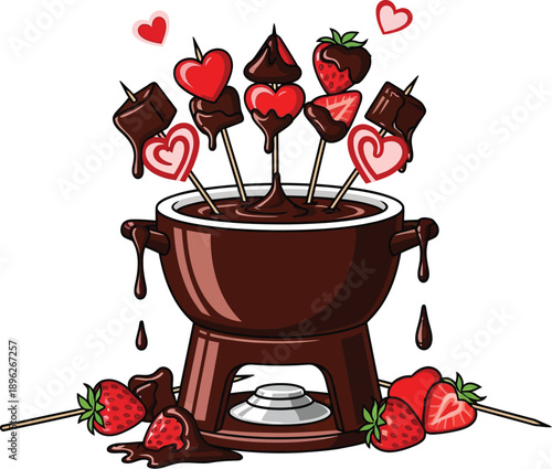 Chocolate fondue with strawberries and heart shapes