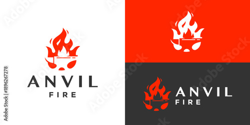 Creative simple anvil fire logo template. Abstract anvil with fire flames burn, Blacksmith logo design vector illustration.