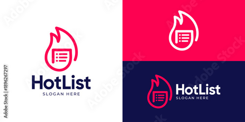 Creative simple hot list logo template. Fire flame blaze burn with planning list logo design vector illustration.