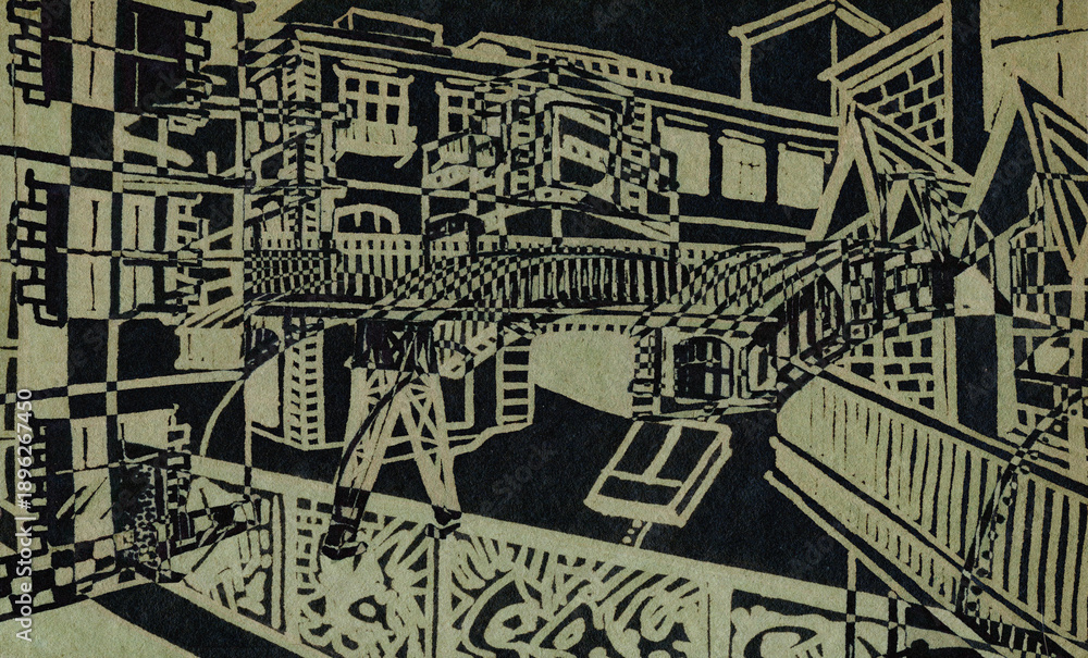 Obraz premium Abstract sketch of industrial architecture on a black background. Architectural fantasy.