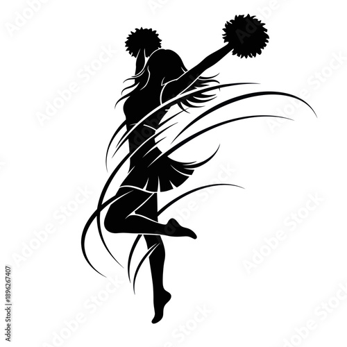 Cheerleader Silhouette with Pom-Poms and Swirling Lines