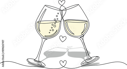 Wine glasses toast illustration, romantic celebration artwork, champagne clinking design, heart shape concept, festive drink graphic, love and togetherness symbol