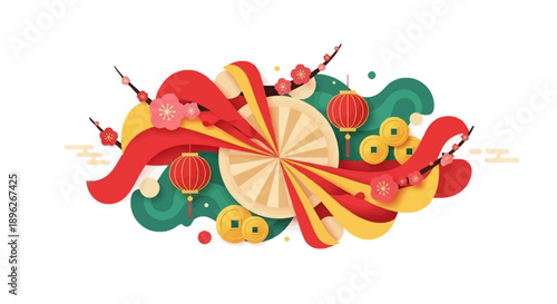Vibrant illustration of a Chinese Spring Festival design with red and yellow decorations, lanterns, and swirling patterns on a white background, symbolizing a joyful holiday celebration.