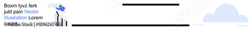 Business strategy, performance tracking, data analysis, professional services, finance, and cloud computing. A figure analyzing charts with clouds. Business strategy and performance tracking concept