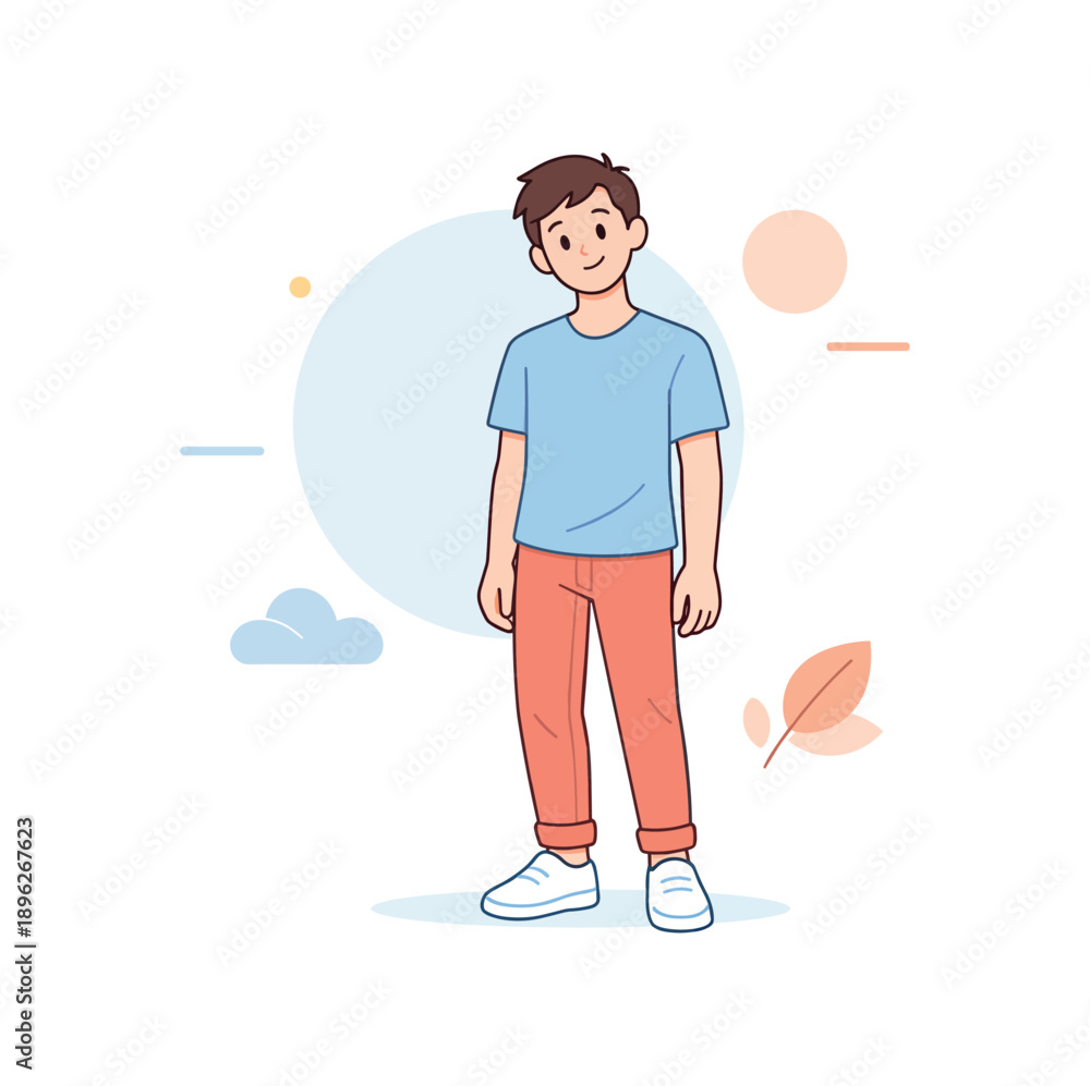 Fototapeta premium Smiling boy in casual attire with nature elements, flat vector illustration