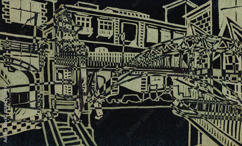 Obraz premium Abstract sketch of industrial architecture on a black background. Architectural fantasy.