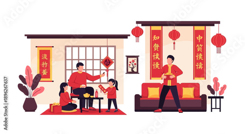 Illustration of a happy family celebrating the Spring Festival Holiday together in a traditionally decorated home with red lanterns and Chinese New Year decorations.