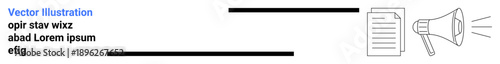 Marketing, advertising, communication, notification, public relations, announcements. A megaphone next to a paper document. Advertising and communication concept