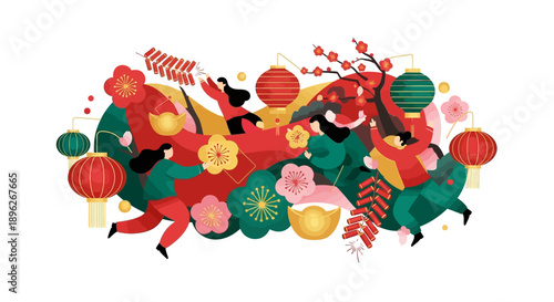 Illustration of people celebrating Chinese Spring Festival with red lanterns and decorations in a joyful and vibrant scene.