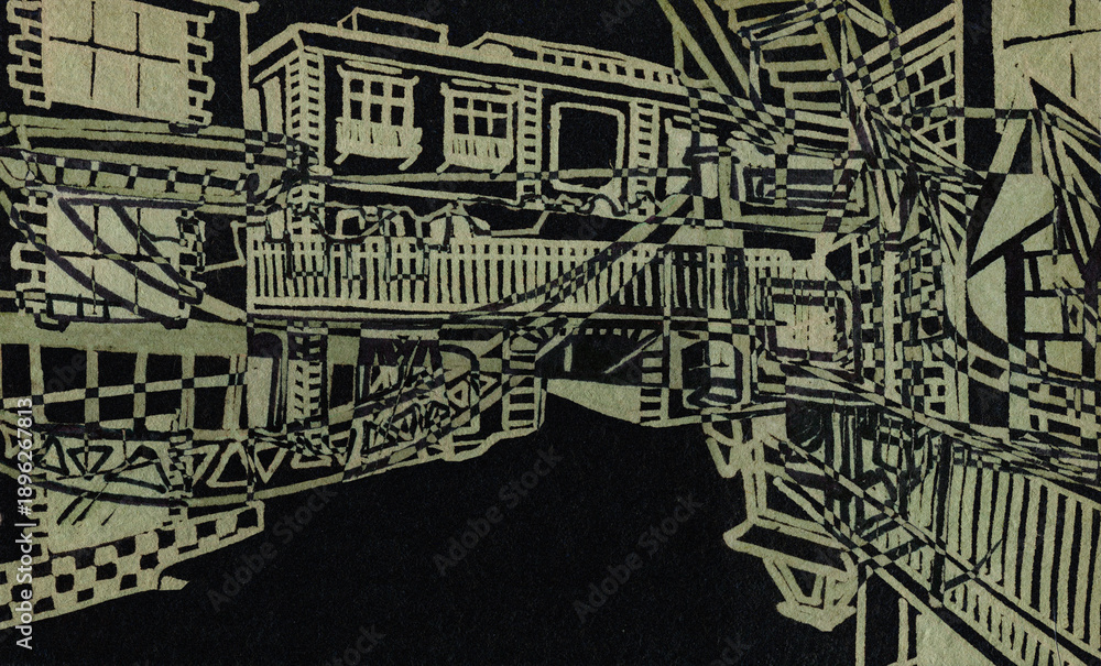 Obraz premium Abstract sketch of industrial architecture on a black background. Architectural fantasy.
