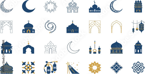 Vector illustration set of different Ramadan elements, Arabic styled buildings and moon