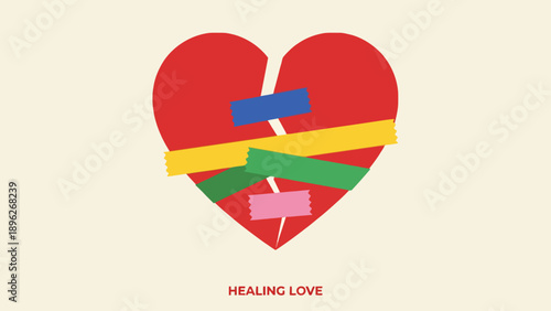 A red heart is broken and patched up with colorful tape, symbolizing healing and emotional recovery.