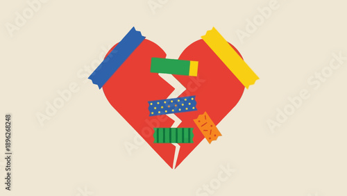 A broken red heart mended with colorful tape and band-aids, symbolizing healing and recovery.