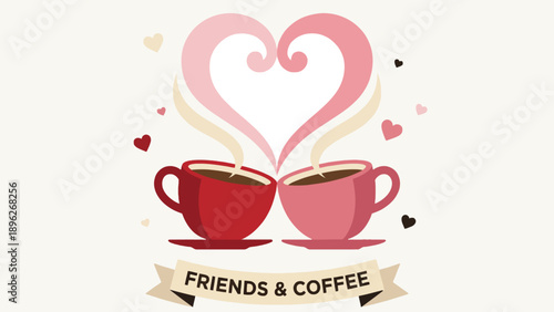 Illustration of two coffee cups, red and pink, with steam forming a heart, and a 'FRIENDS & COFFEE' banner, symbolizing friendship and warmth.