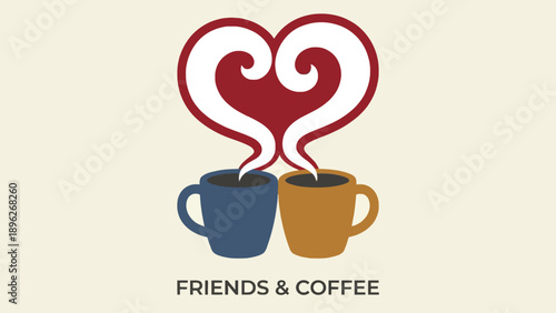 Two steaming coffee mugs, one blue and one brown, with their steam intertwining to form a red heart shape, symbolizing friendship and warmth, on a light background with text 'FRIENDS & COFFEE'.