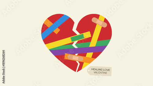 A broken heart mended with rainbow-colored strips and bandages, symbolizing healing and love.