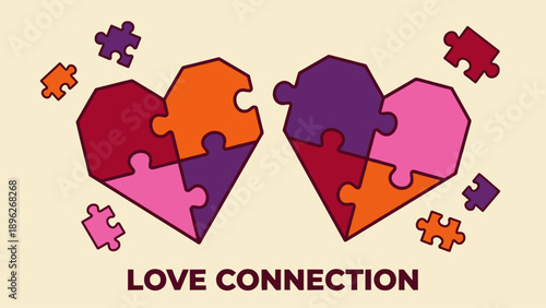 Two hearts formed by puzzle pieces connecting, symbolizing love and relationships.