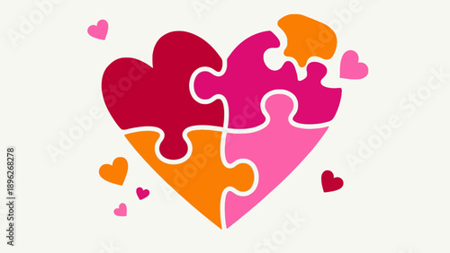 A heart shape formed by four colorful puzzle pieces, surrounded by smaller hearts, symbolizing love and connection.