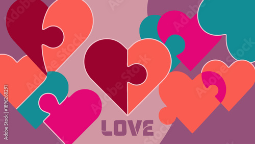 Abstract illustration of multiple heart shapes formed by two interlocking puzzle pieces in various shades of pink, orange, and purple, with the word LOVE at the bottom.
