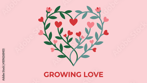 A stylized illustration of two intertwining leafy vines forming a heart shape, adorned with small hearts and flowers, set against a pink background with the text 'GROWING LOVE'.