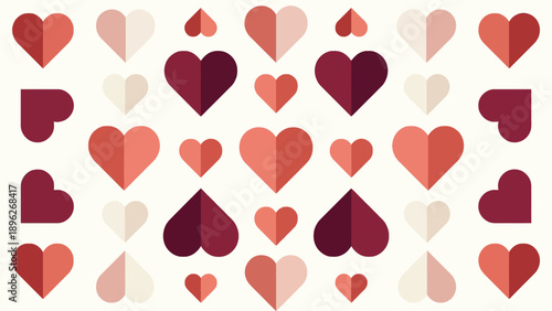A repeating pattern of stylized hearts in shades of red, pink, and maroon, creating a decorative and romantic background.