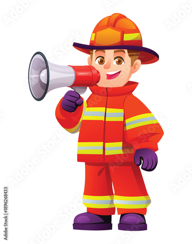 Young boy firefighter in orange uniform holding a megaphone to give rescue orders. Vector cartoon character illustration