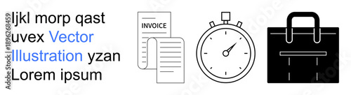 Business, time management, productivity, financial planning, work organization, corporate tools. Invoice document, stopwatch and briefcase. Time management and productivity concepts