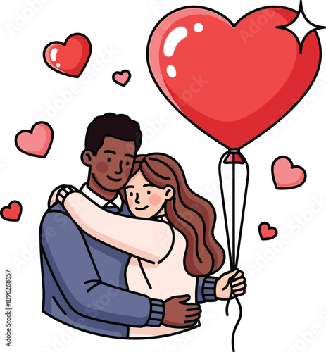Couple Embracing Tightly with Giant Heart Balloon