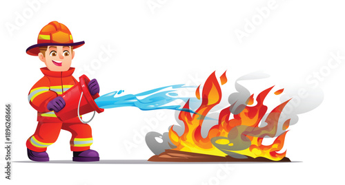 Young boy firefighter throwing a bucket of water to stop a spreading fire flame. Vector cartoon illustration