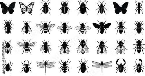 Black silhouette insect icon collection featuring butterflies bees beetles flies dragonflies and bugs in flat vector style isolated set
