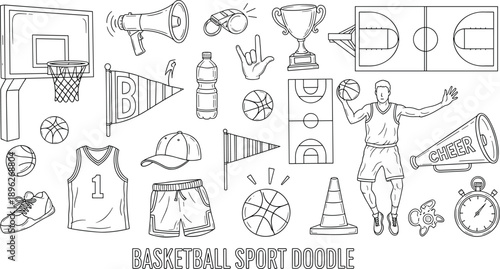 Hand drawn basketball sport doodle collection with player equipment court accessories symbols black and white line art illustration set