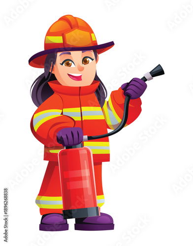 Brave young girl firefighter holding a red extinguisher to fight a fire emergency. Vector cartoon character illustration