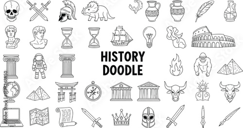 Hand drawn history doodle icons set featuring ancient civilizations artifacts landmarks symbols black and white line art illustration collection design