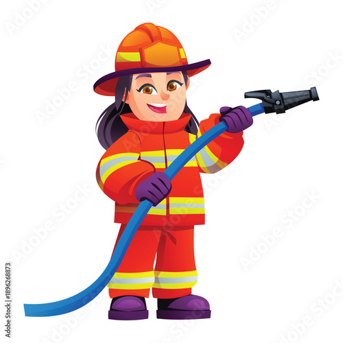 Little girl firefighter holding a blue water hose nozzle ready for a rescue mission. Vector cartoon character illustration