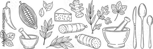 Hand drawn kitchen ingredients doodle collection with herbs spices vegetables cheese sausages mortar and pestle tools black and white line art illustration