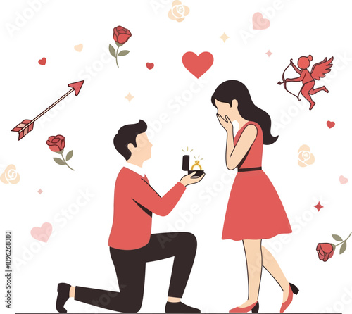 Marriage Proposal Scene with Ring, Hearts, and Cupid