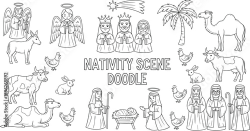 Hand drawn nativity scene doodle collection with baby Jesus Mary Joseph angels animals Christmas story black and white line art illustration set