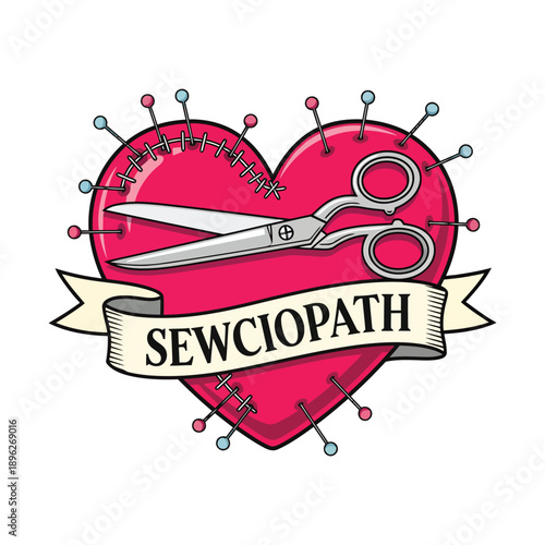 Heart Shaped Pincushion with Scissors and Ribbon Text Sewciopath sewing craft