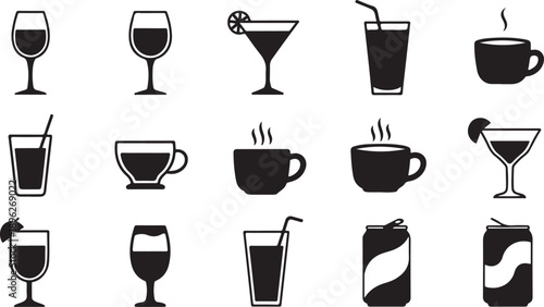 A collection of black icons representing various types of drinks on a transparent background