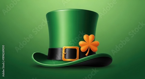 A green top hat with a black belt and gold buckle adorned with an orange four-leaf clover on a green background.