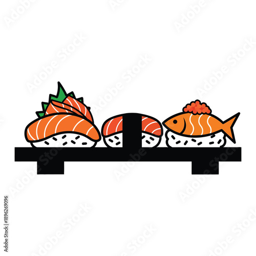 Cartoon-style sushi and sashimi on a black serving tray