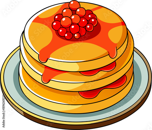Pancakes with red caviar, cartoon vector illustration isolated , white background 