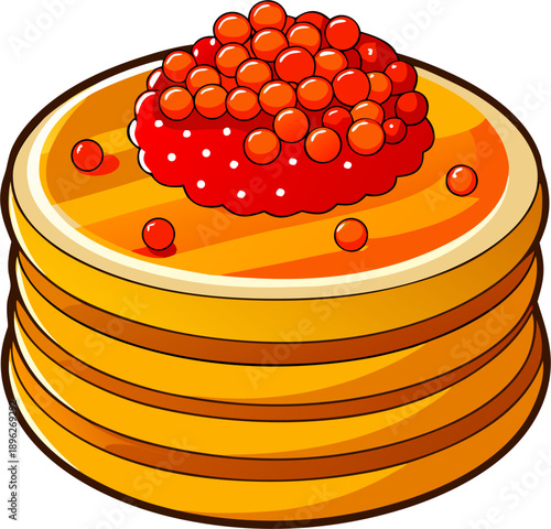 Pancakes with red caviar, cartoon vector illustration isolated , white background 
