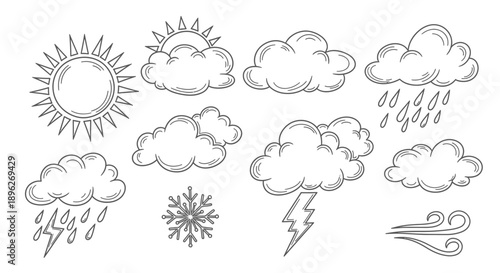 Hand drawn style weather sketches with sun clouds and lightning.